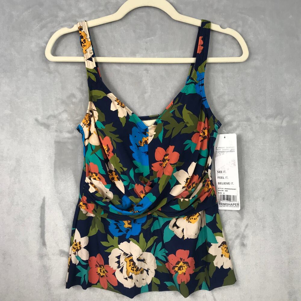 Trimshaper Tankini Swimsuit Size 8 Wrap Drape Floral Flowy Wide Strap Dark Moody